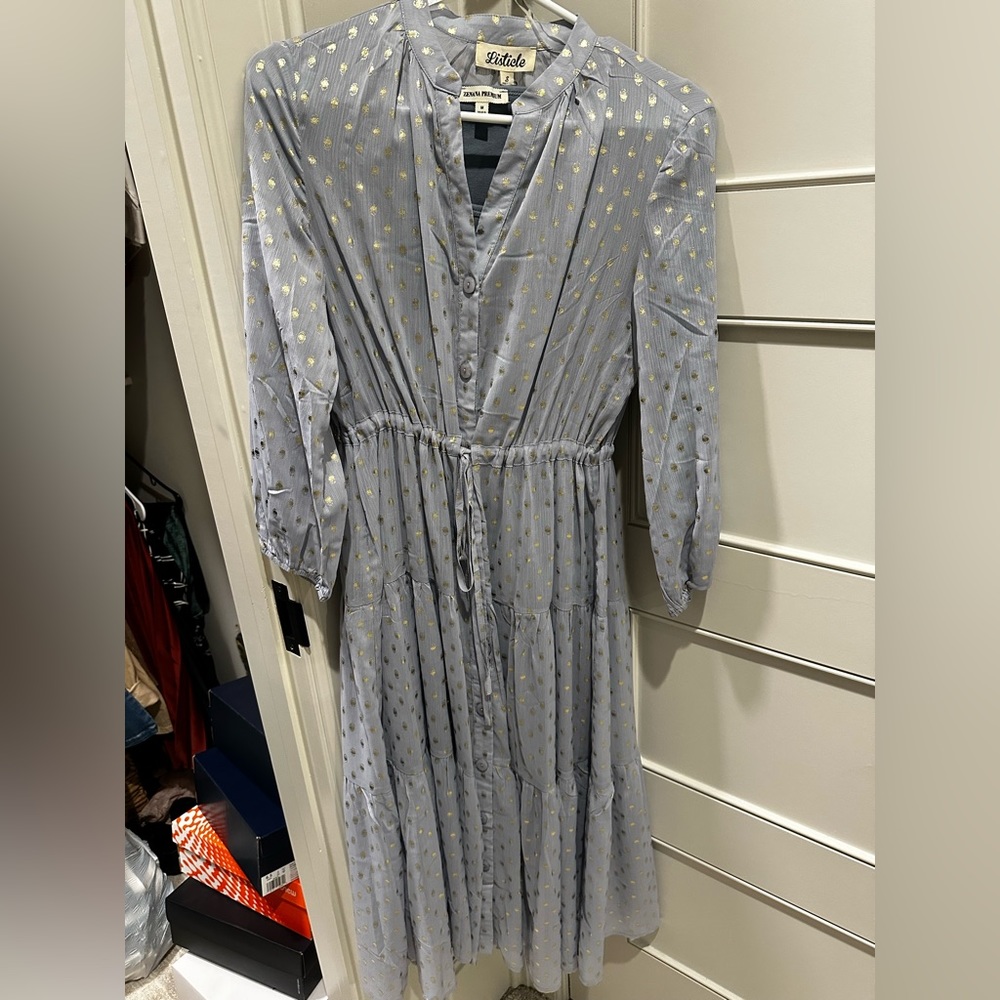 Blue maxi dress with gold dots